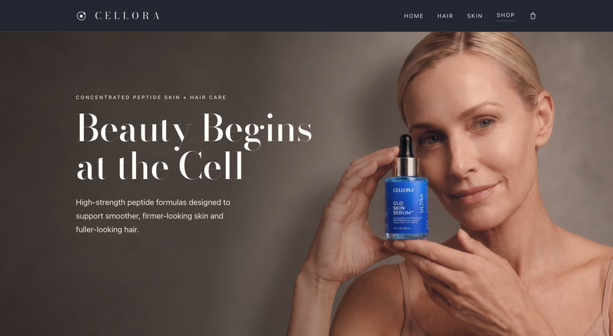 The CELLORA homepage: 'Beauty Begins at the Cell' beside an image of a woman holding a bottle of Glo Skin Serum.